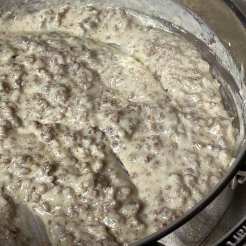 pan filled with silky homemade sausage gravy
