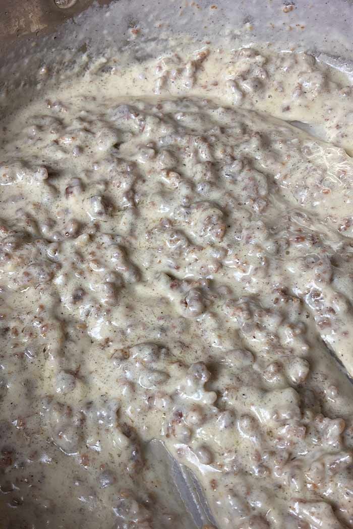 pan filled with creamy homemade breakfast sausage gravy