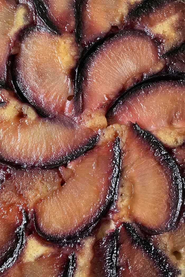 up close of almond plum upside-down cake top