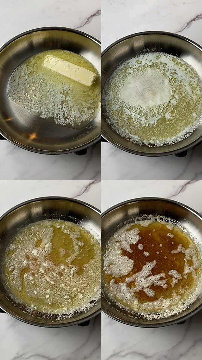 grid of 4 images of brown butter in the different stages of the browning process