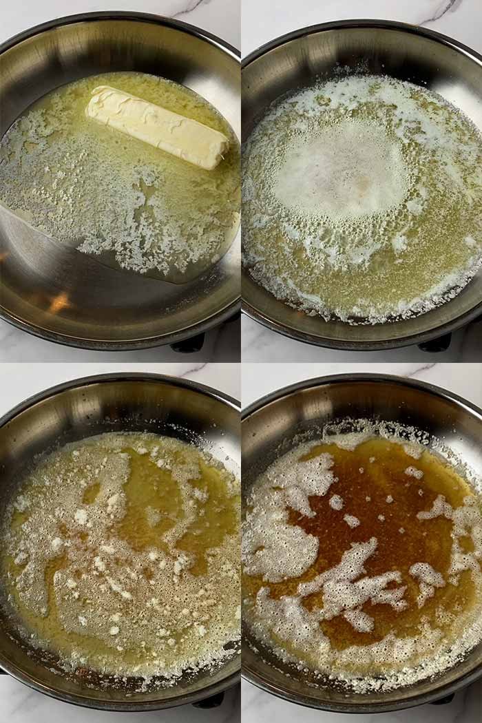 grid of 4 images of brown butter in the different stages of the browning process