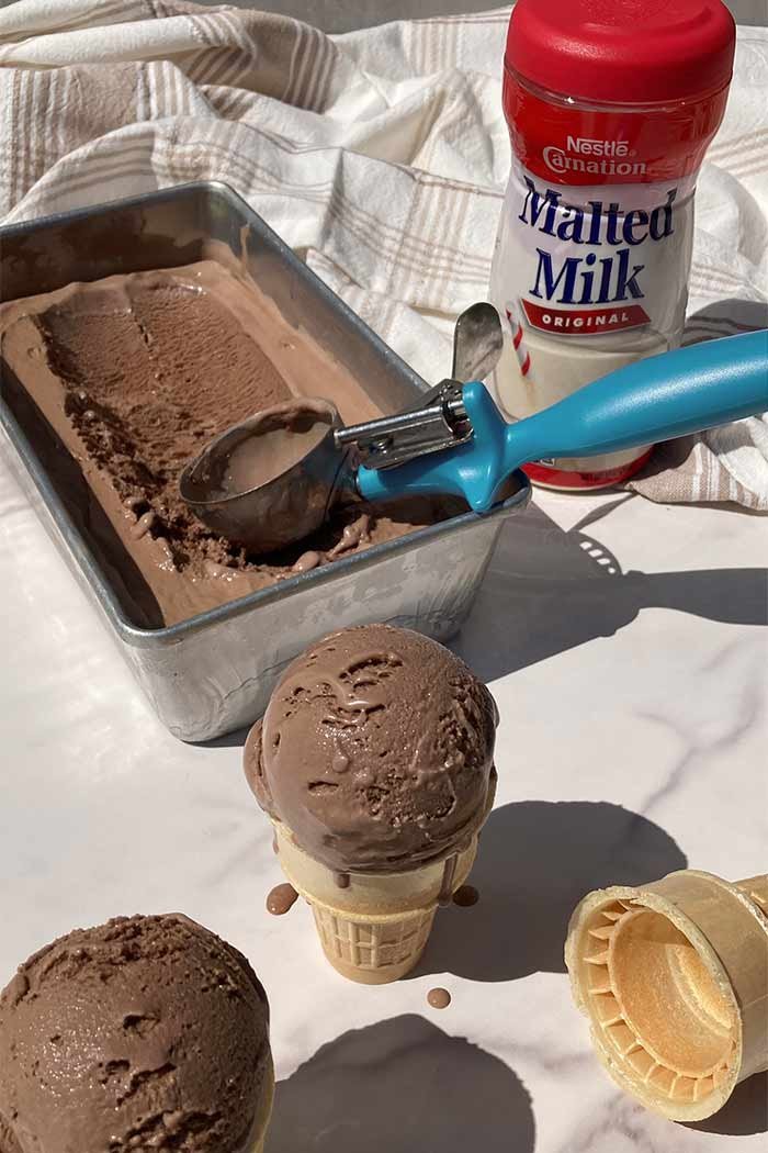 easy chocolate malt ice cream scooped into cones