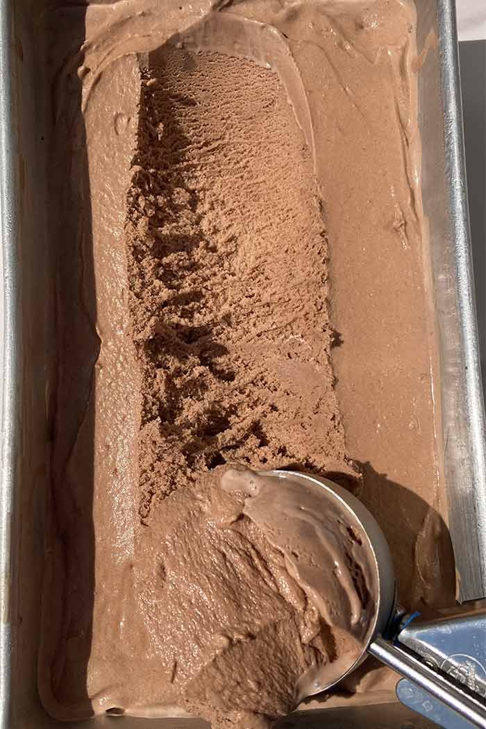 overhead scoop of chocolate malt ice cream to show texture