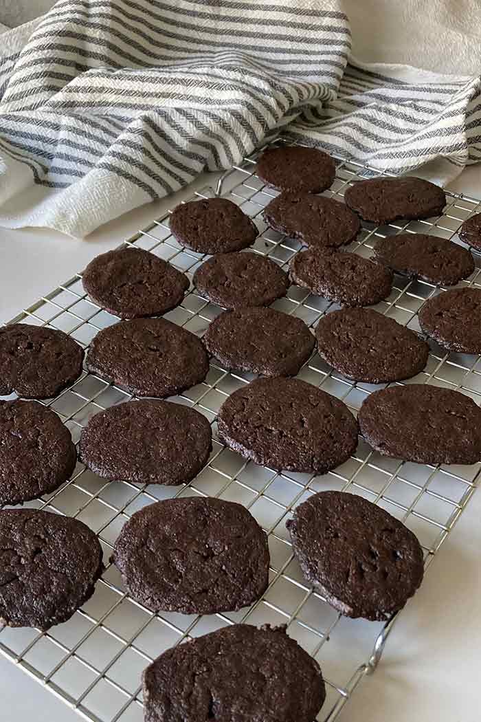 homemade chocolate wafer cookies cooling on rack