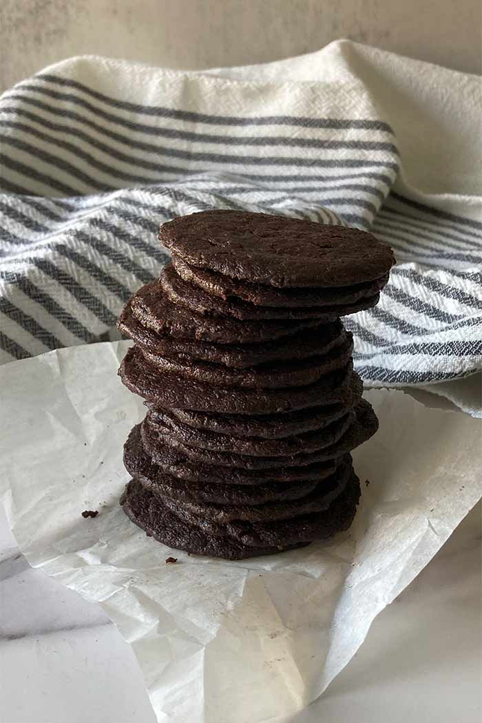 crispy chocolate wafer cookies in a stack