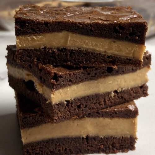 stack of peanut butter stuffed brownies
