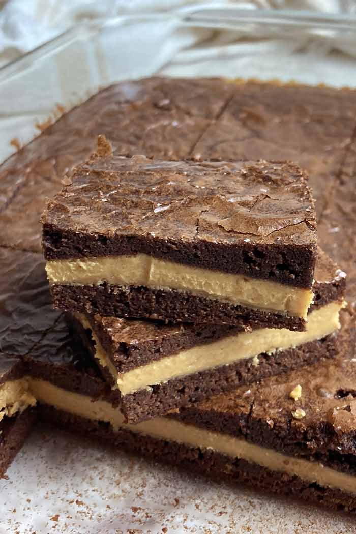stack of peanut butter stuffed brownies
