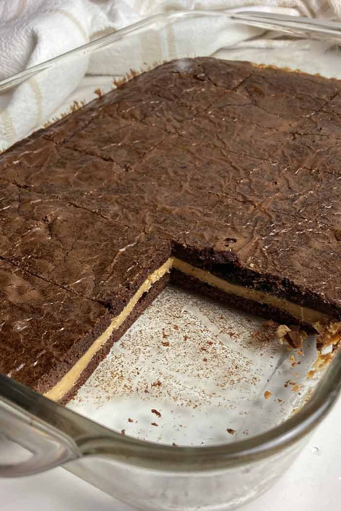 pan of peanut butter stuffed brownies