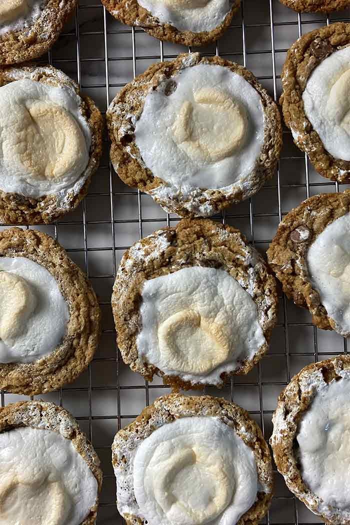 marshmallow-topped s'mores cookies on a cooling rack
