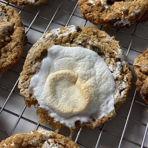 close up of a s'mores cookie topped with toasted marshmallow