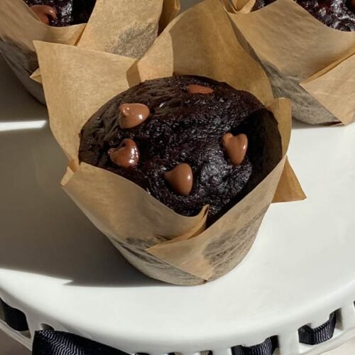 triple chocolate muffin topped with chocolate chips