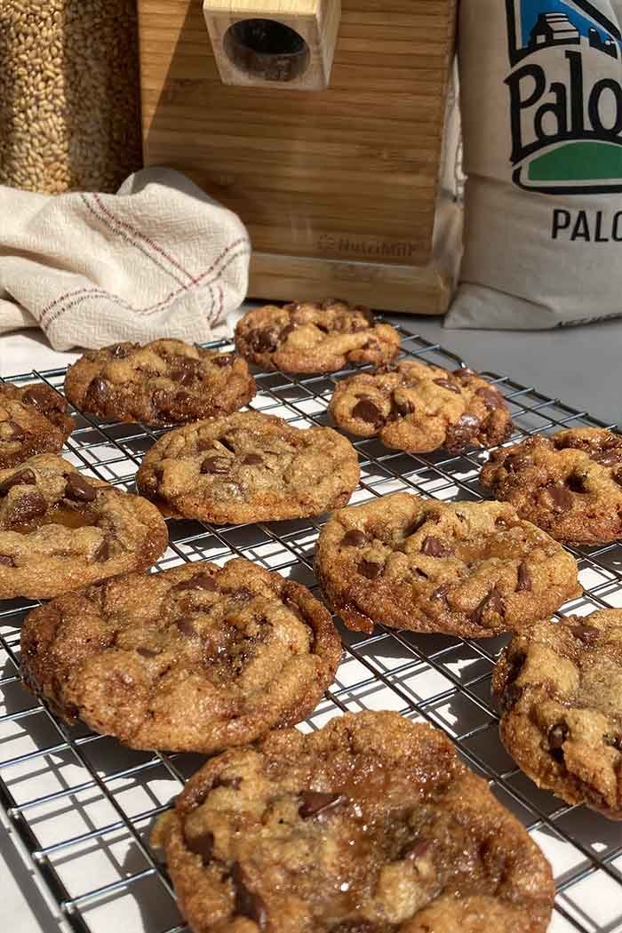 brown butter chocolate chip toffee cookies on a cooling rack in front of a grain mill and containers of wheat berries